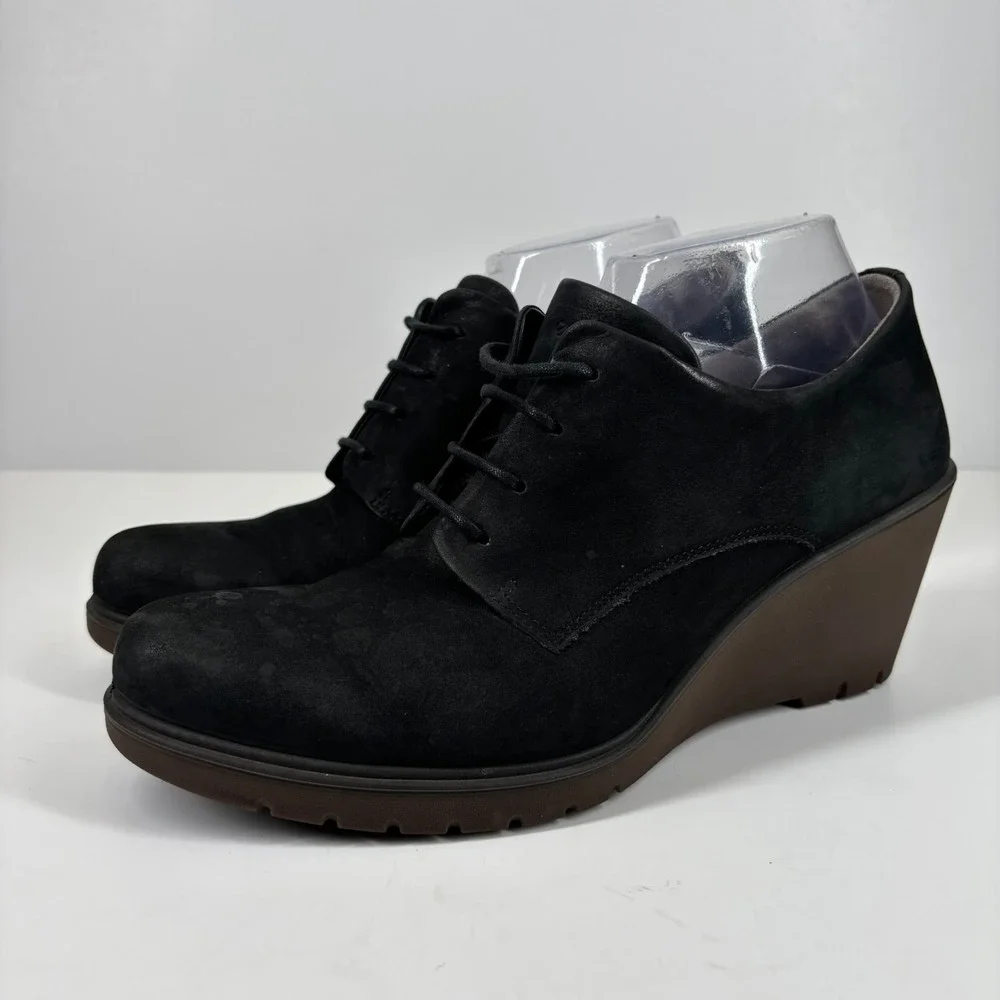ECCO Adora Women's US 8/8.5 Black Leather Lace-Up Heeled Wedge Ankle Boot Bootie